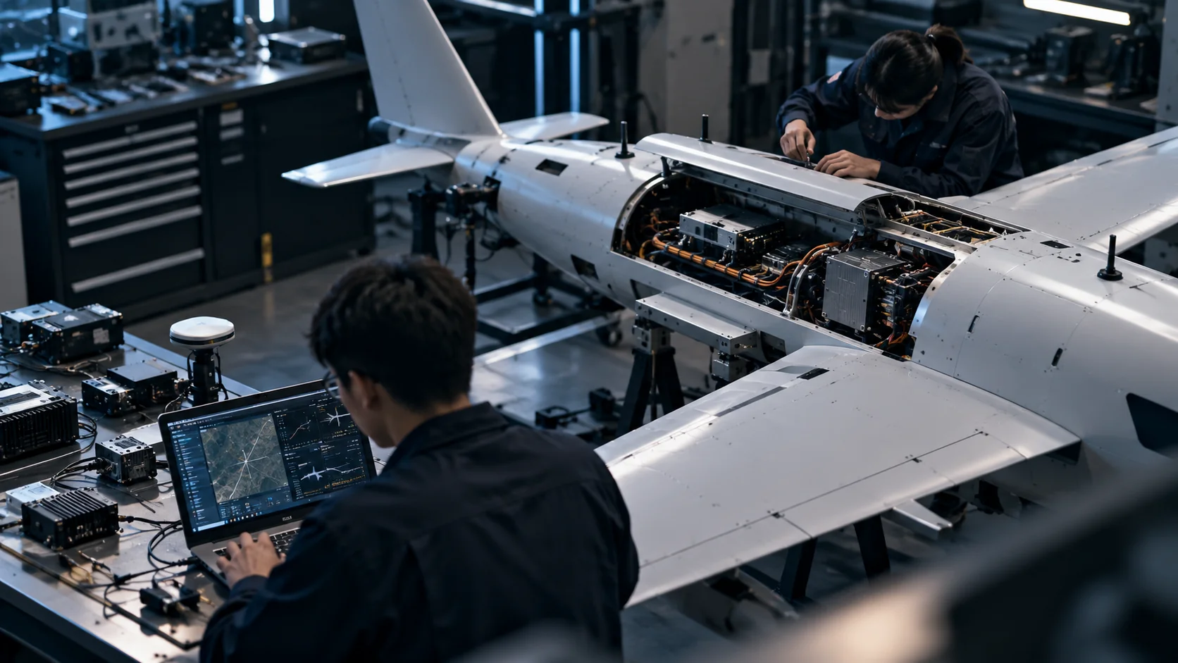 Engineers integrating systems around the open avionics bay of a UAV aircraft, with a workstation laptop in the workshop